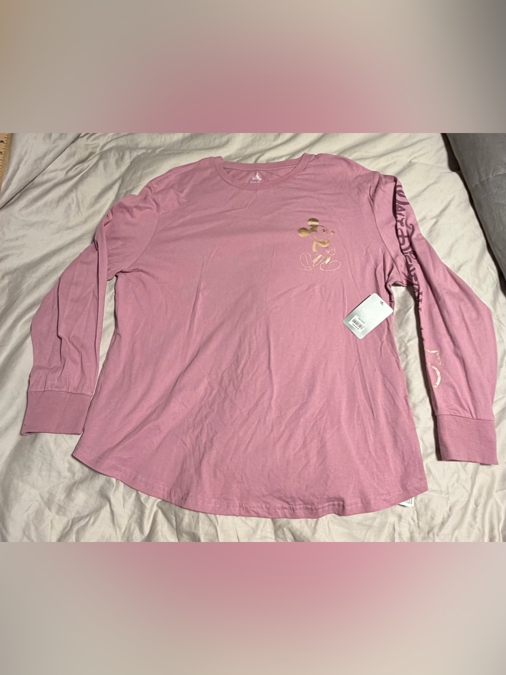Disney Women's Long Sleeve Tee in Pink with Gold Mickey Graphic WDW 50th